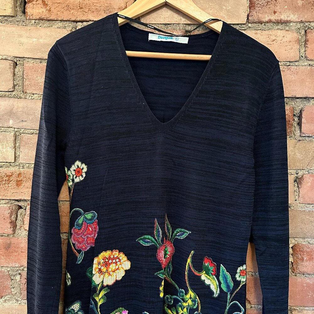 Desigual Knitwear Party Dress, Floral & Sequin Embroidery, Size XL